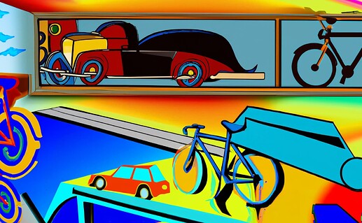 DALL·E 2023-06-07 13.51.52 - car, bicycle, truck, pedestrian abstract art complementary colors fine details